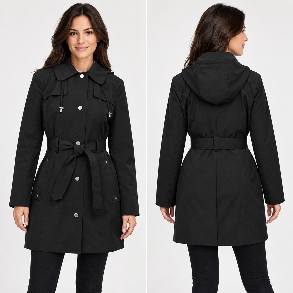 London Fog Zip Front Hooded Trench Coat w Belt Jacket Size L $190